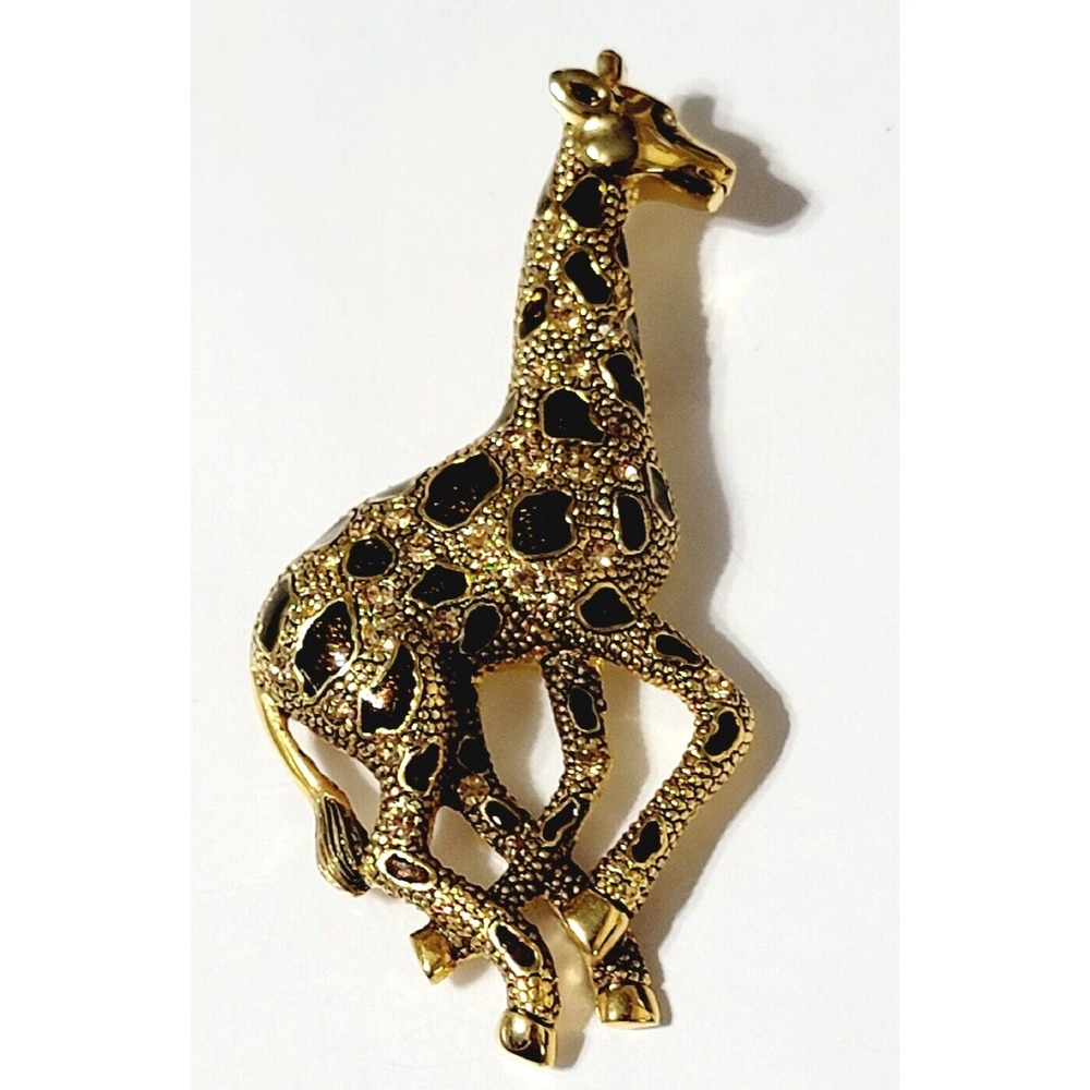 Vintage Gold Giraffe Brooch Amber Enamel Figural Animal Pin 3.5"